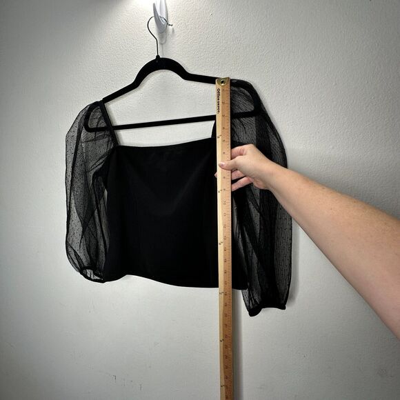 Socialite Black Square Neck Sheer Polka Dot Mesh Balloon Sleeve Crop Top M - Picture 10 of 12